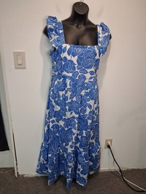 London Times Size 16 Blue/white Floral Print Maxi Dress